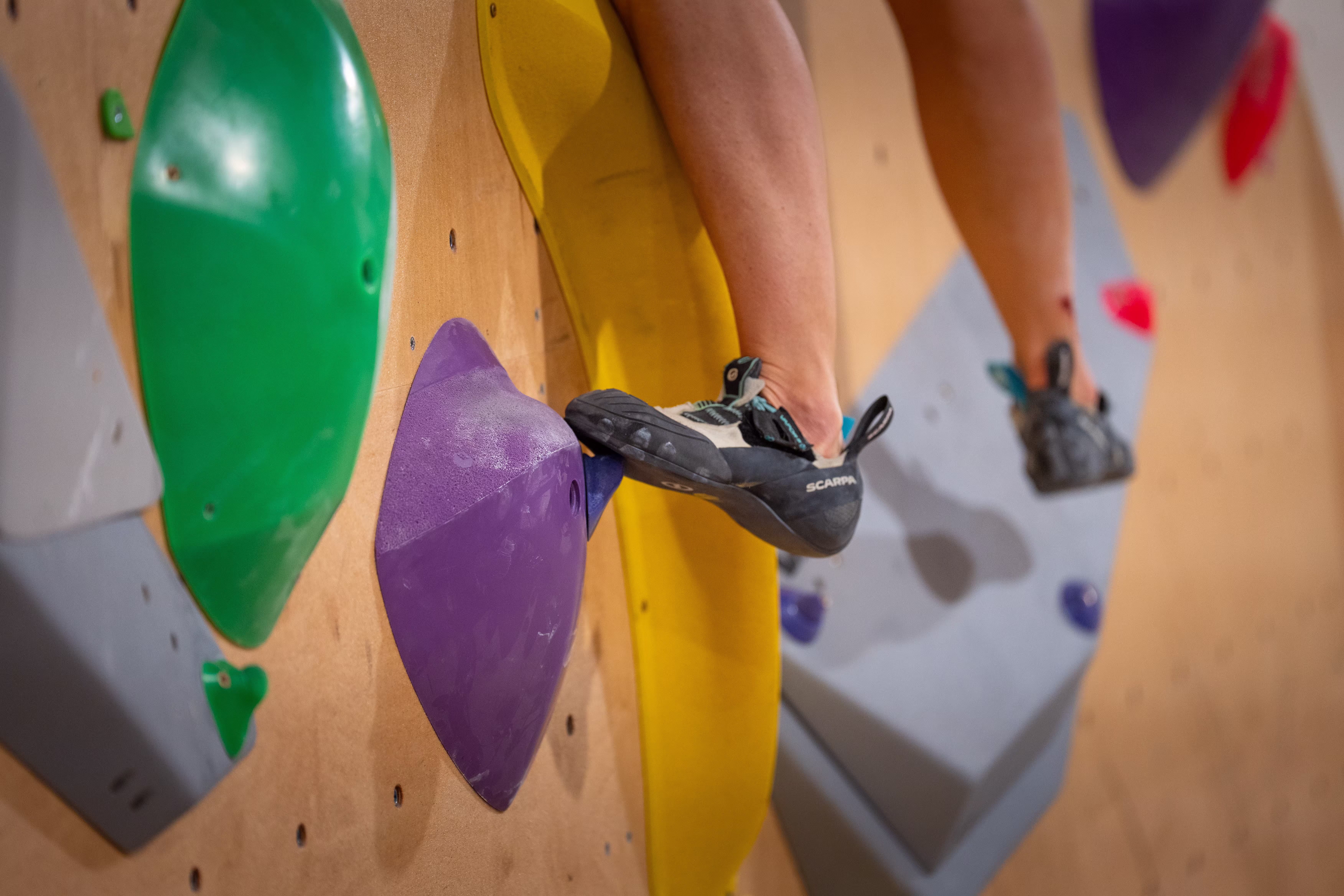 Gros plan sur les chaussons d'escalade posés sur des volumes.